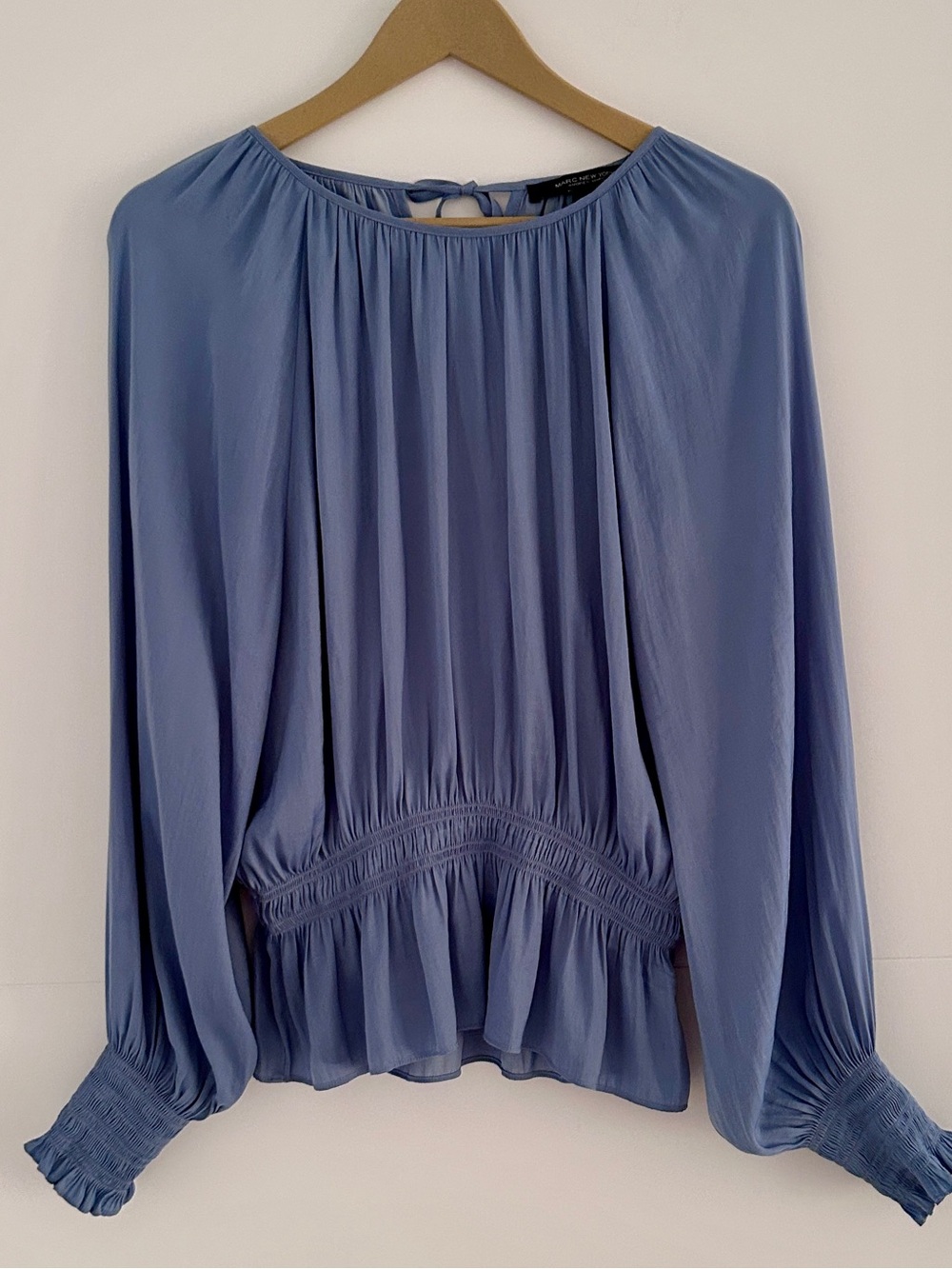 Marc NY Andrew Marc Blouse Large Blue Peplum Boho Flowy Shirred Waist Silky